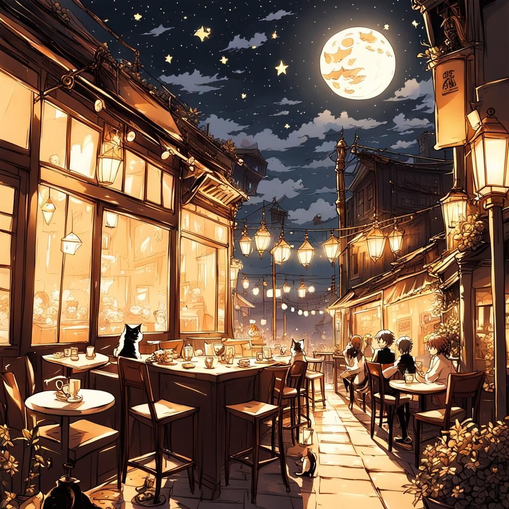 Anime Cat Cafe Under Moonlight