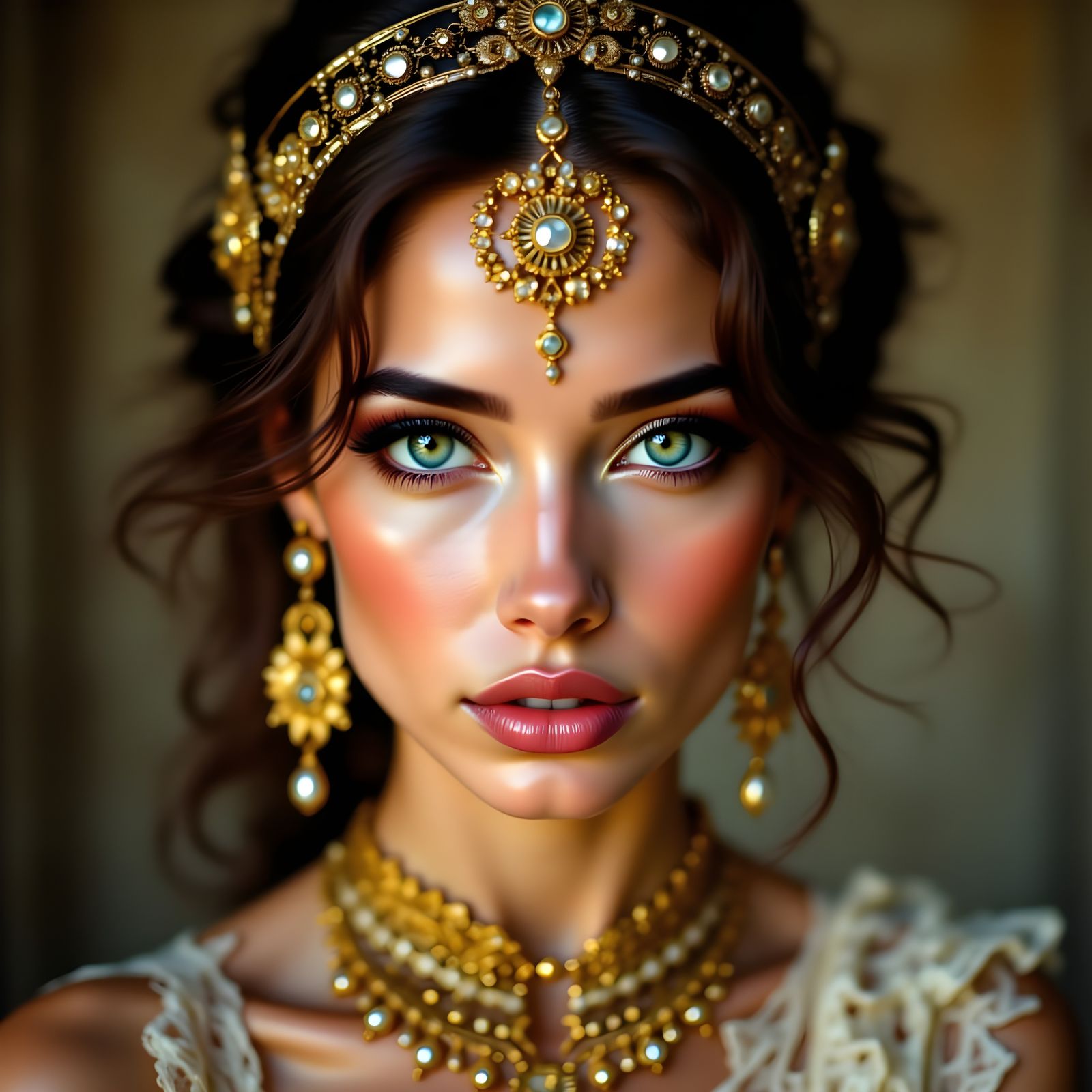 Golden Diva Portrait with Elaborate Makeup