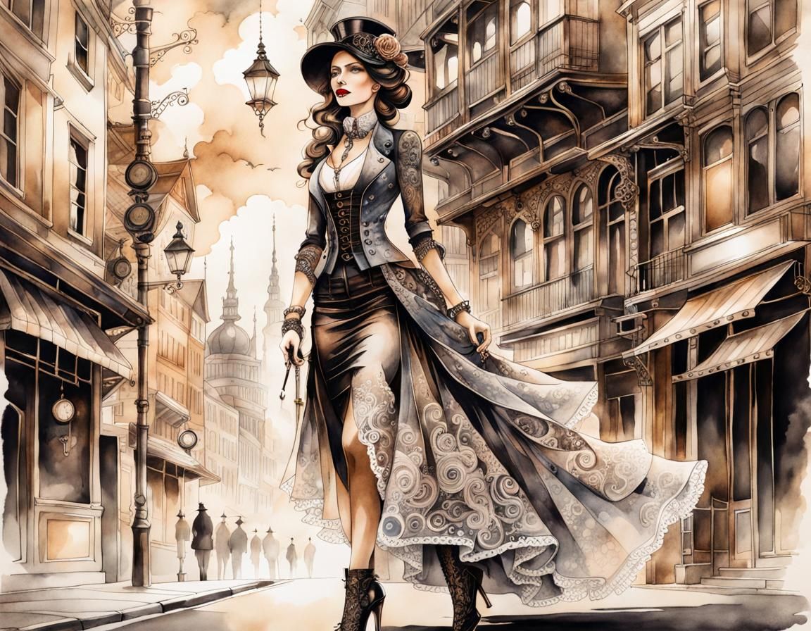 Steampunk Goddess Amidst Whimsical Cityscape with Intricate....