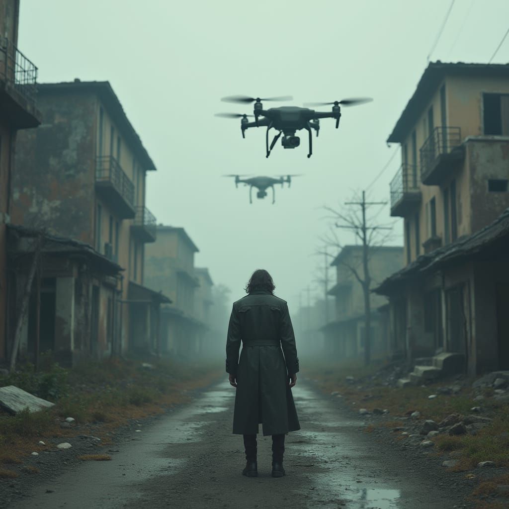 Dystopian Figure with Drones in Abandoned Town