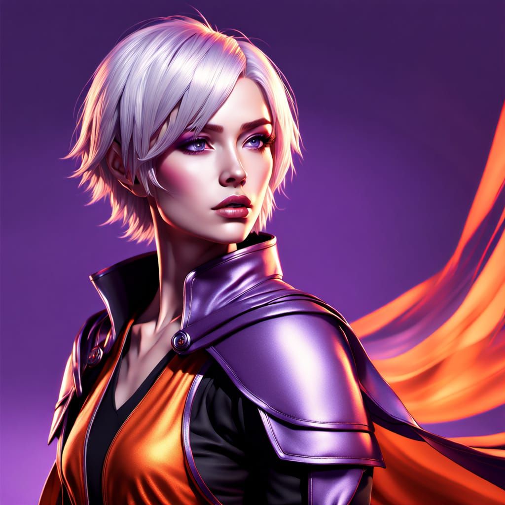 Androgynous Warrior with Vibrant Pixelcut Hair and Intricate...