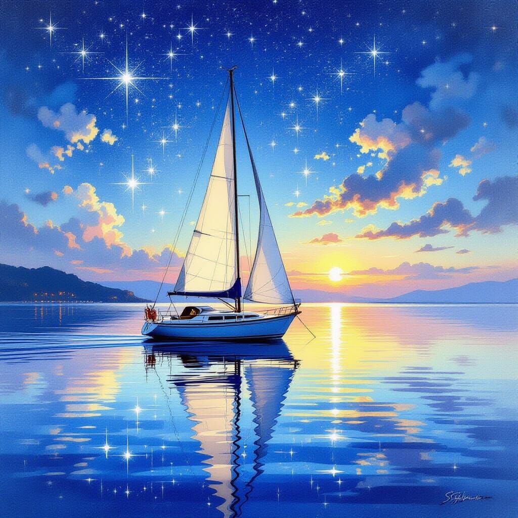 Sailboat Reflecting Starlight on Serene Sea: Romantic Waterc...
