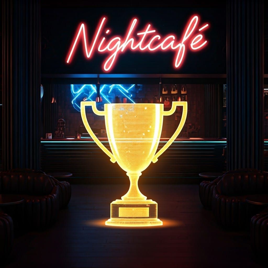 Golden Trophy Hologram in Cyberpunk Cafe