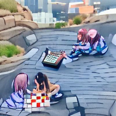 Anime Girls Play Checkers on Rooftop