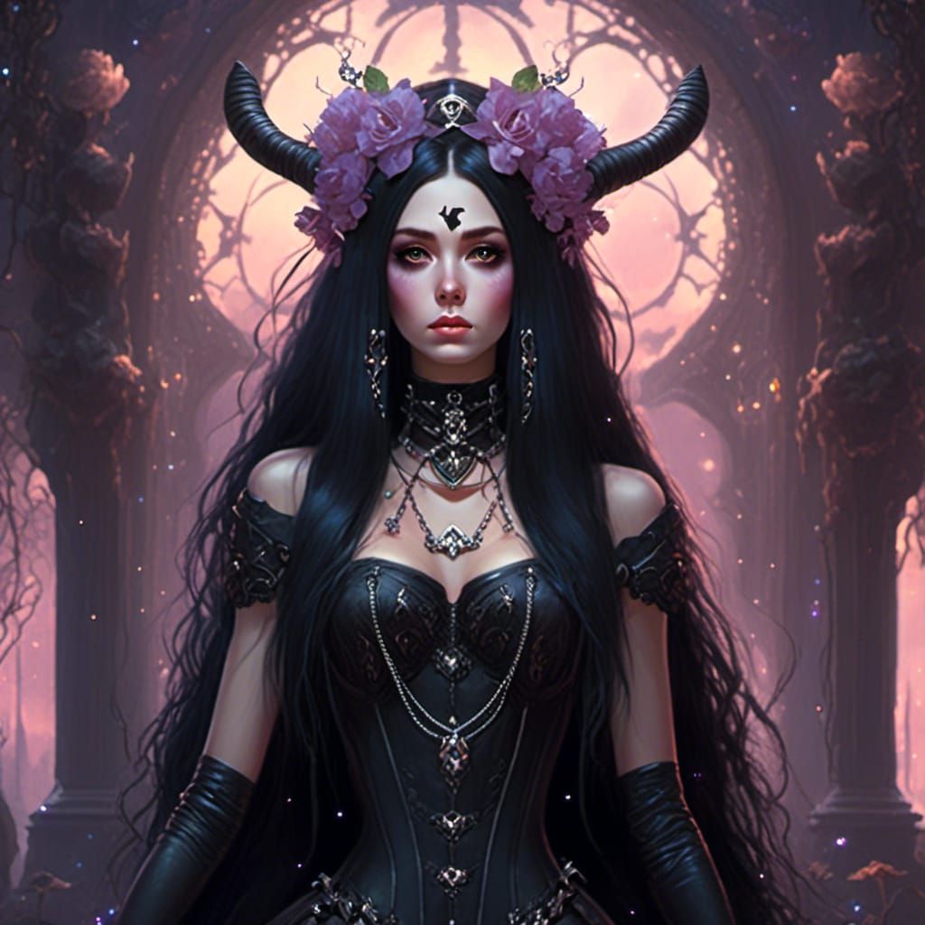 Goth Girl with Flower Tiara in Ancient Forest