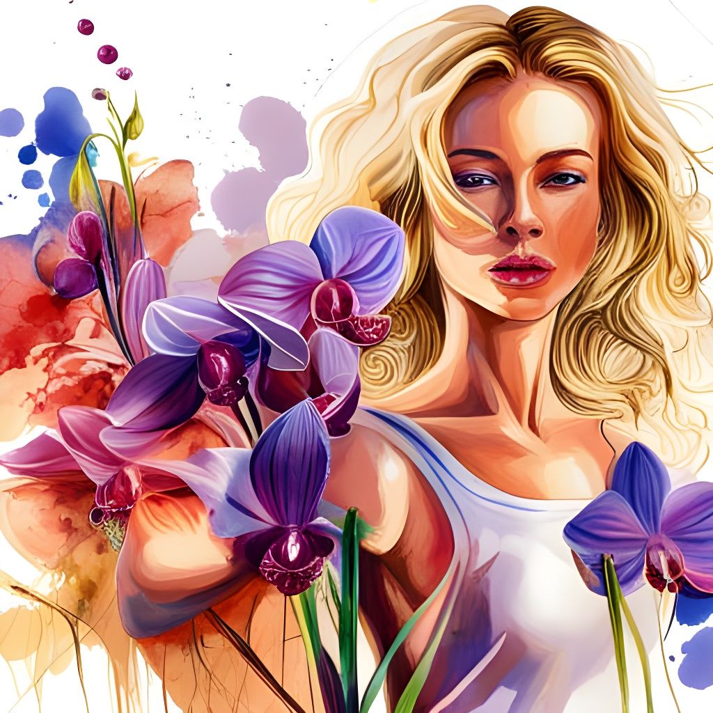Orchid Bouquet with Blond Woman, Watercolor Painting
