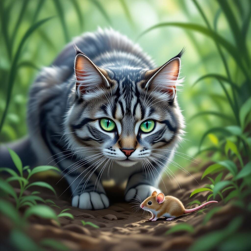 Warrior Cat Stalking Mouse, Organic and Futuristic Style