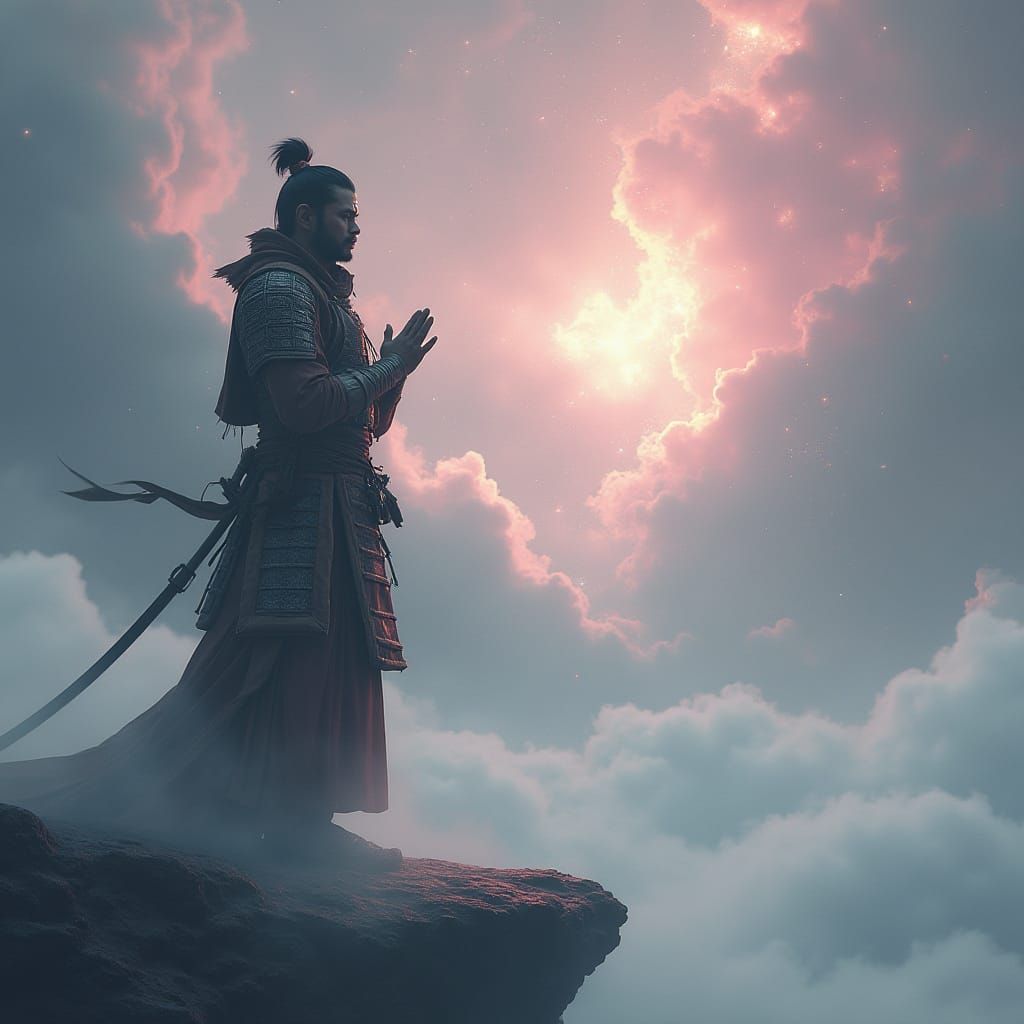 Celestial Samurai Gazing at Nebula, Matte Painting