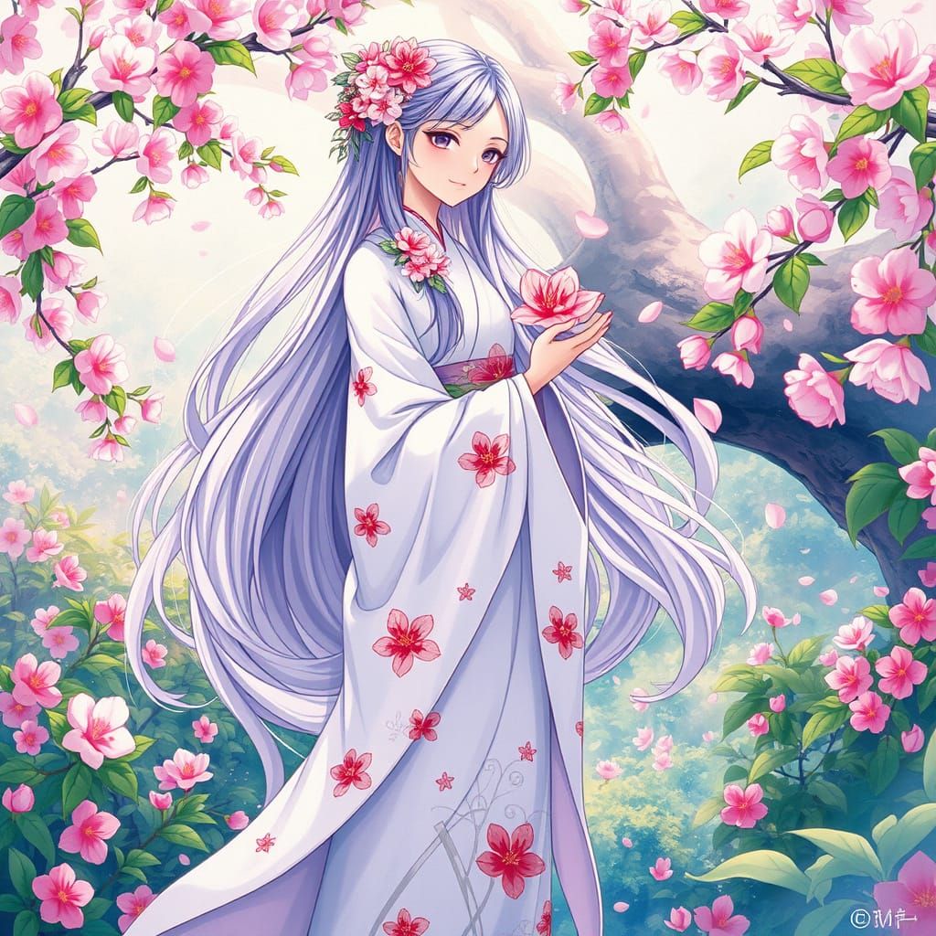 Serene Floral Goddess in Vibrant Anime-Inspired Garden