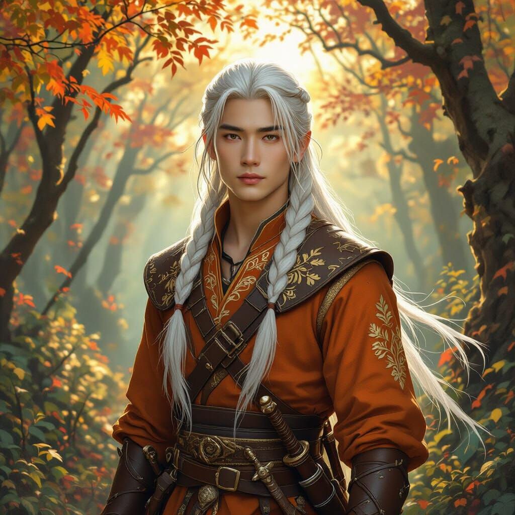 Ethereal Asian Warrior in Autumn Forest, Pre-Raphaelite Styl...