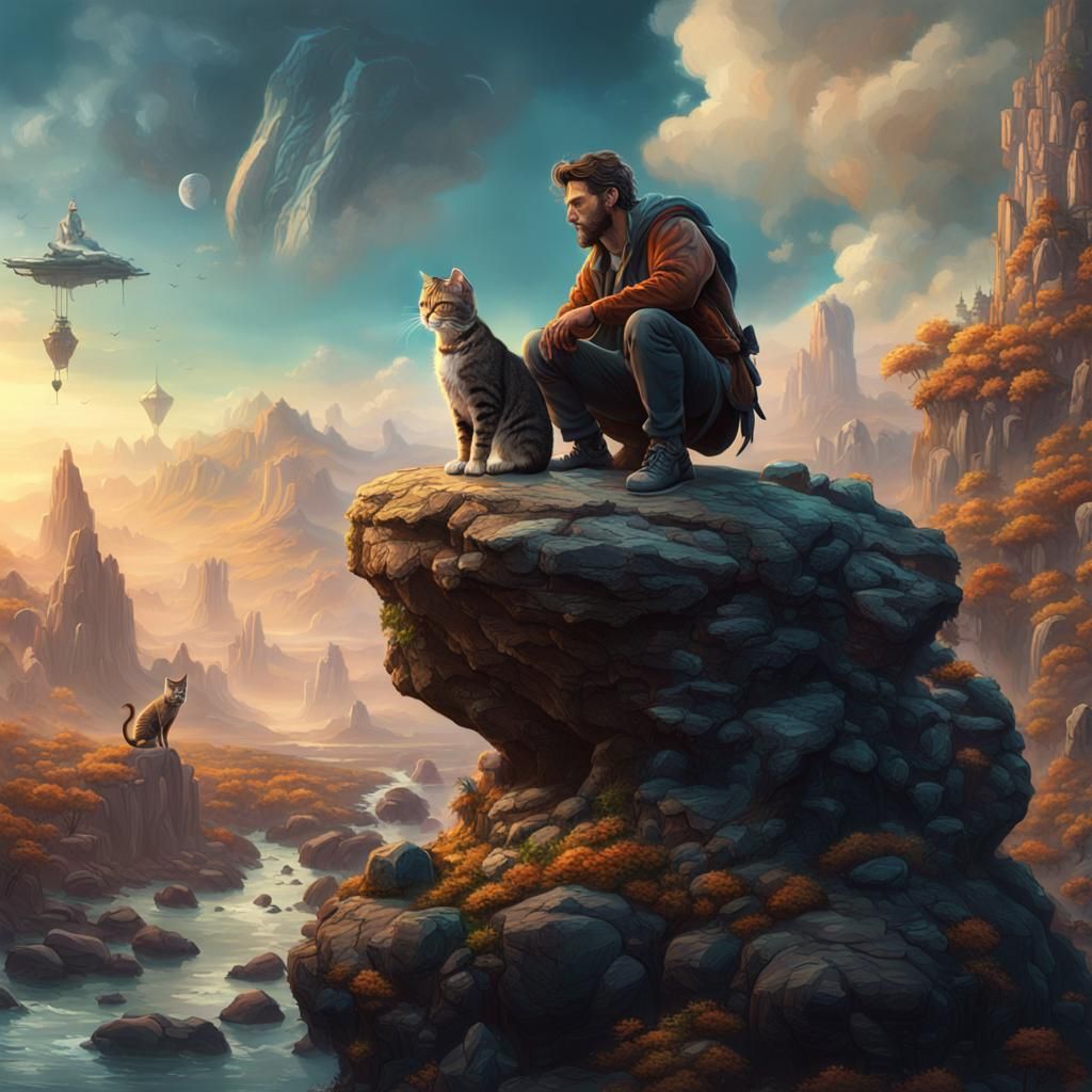 Person with Cat on a Rock in Detailed Matte Painting