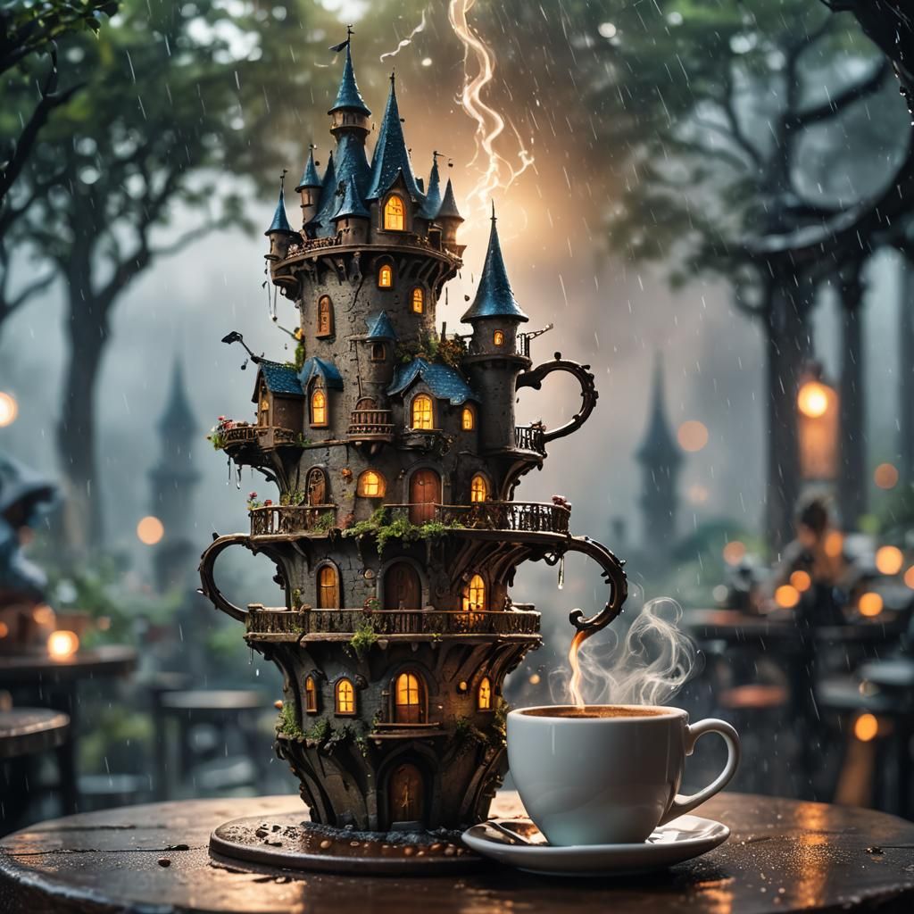 Fairy Castle Coffee Cup Fantasy on Rainy Day