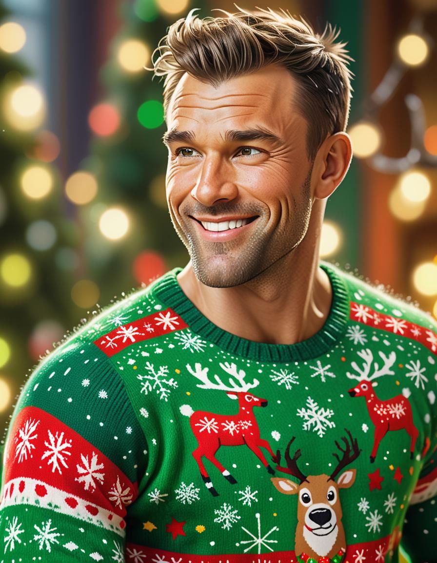 Muscular Man in Gaudy Green Christmas Sweater, Photorealisti...