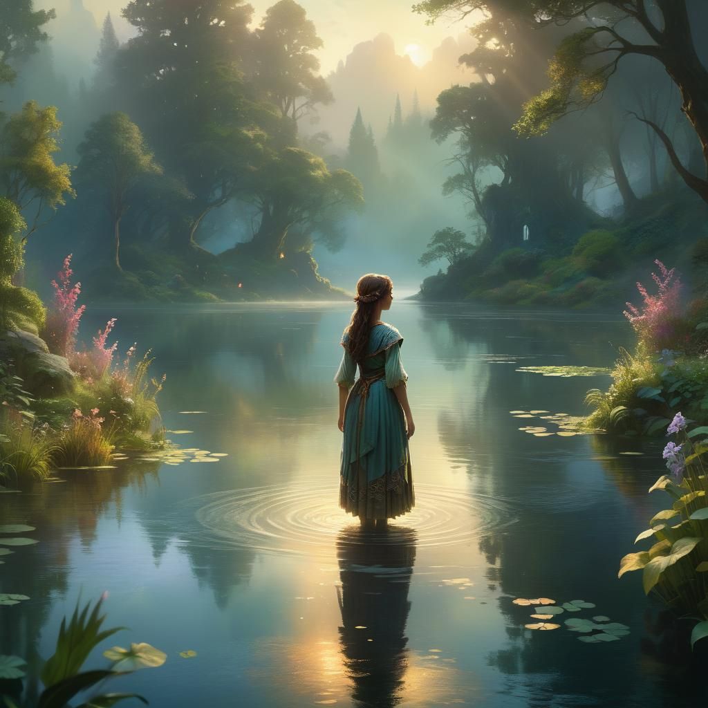 Mystical Lake: Fantasy Art Nouveau Scene