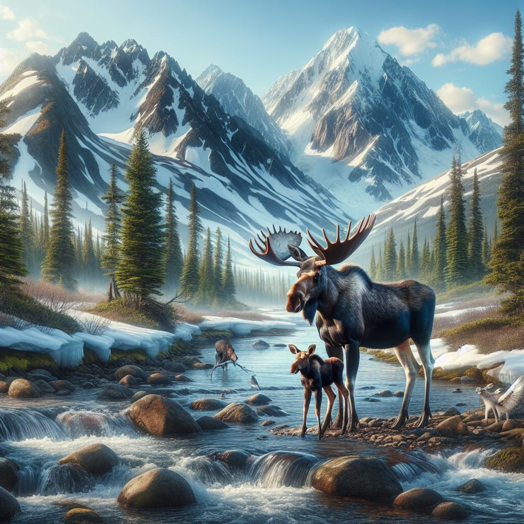 Northern Alaskan Wilderness Mother Moose and Calf