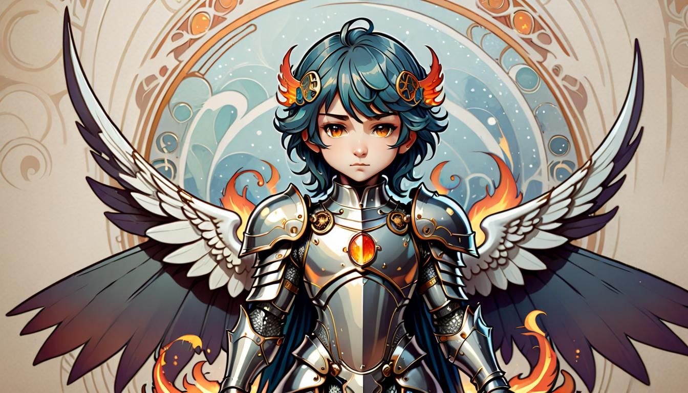 Winged Chibi Knight in Art Nouveau Style
