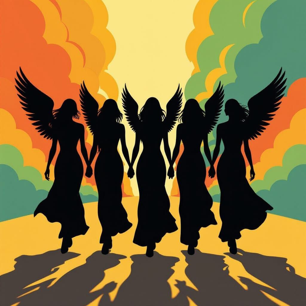 Angelic Silhouettes in Vibrant Eden-like Landscape