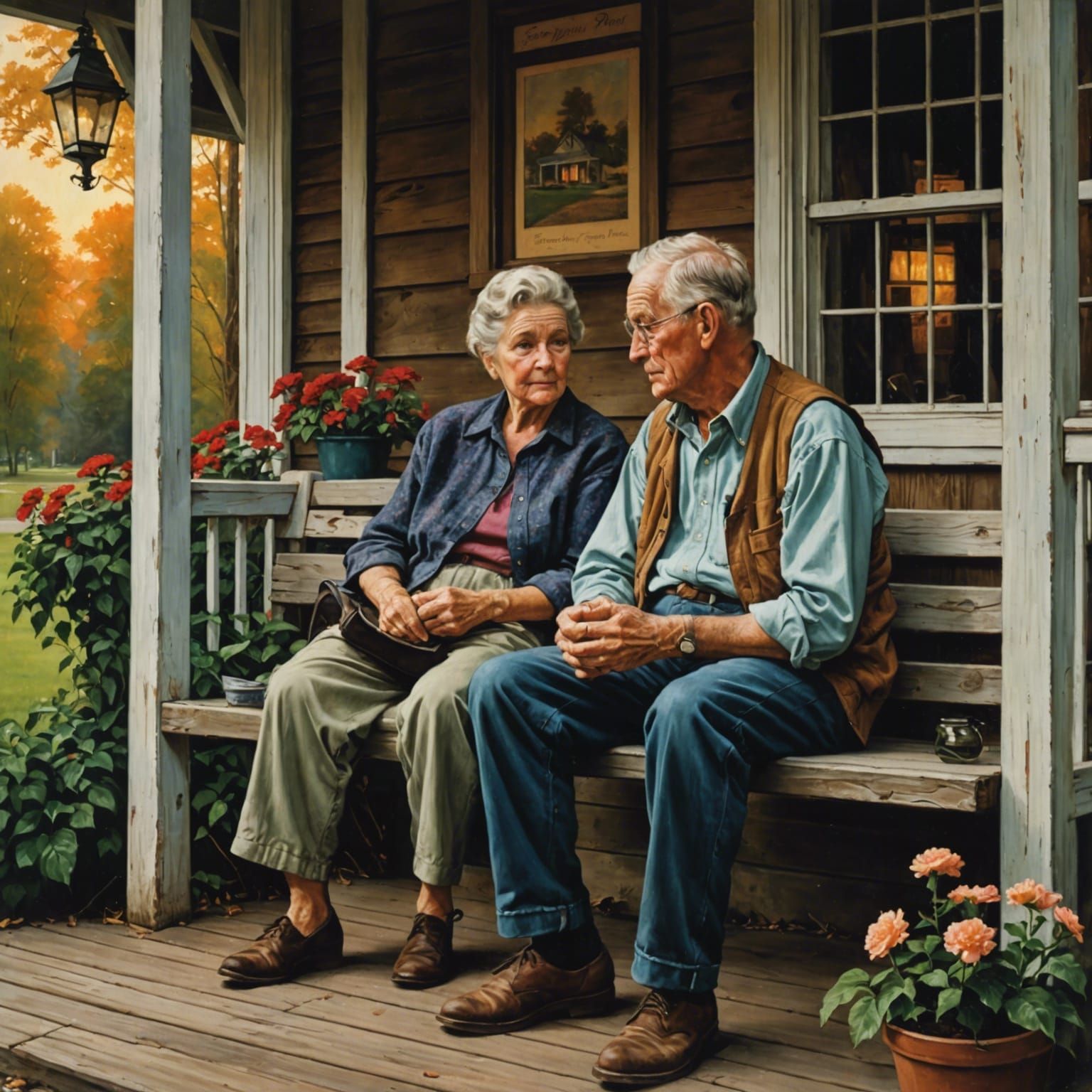Rustic Home: Elderly Couple Reminiscing, Oil Painting Style