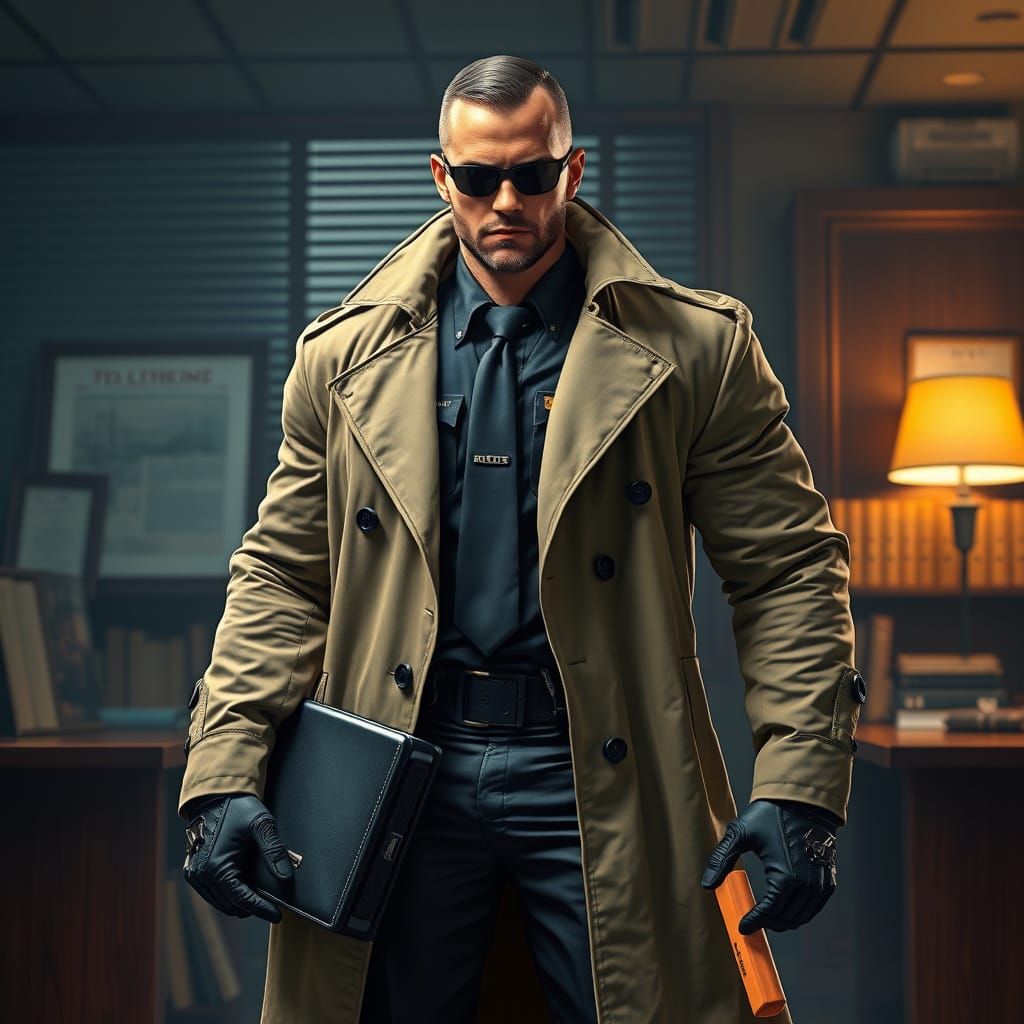 Tactical Soldier in Cyberpunk Legal Office