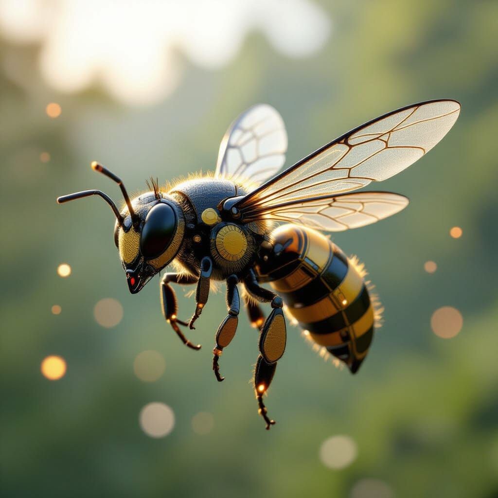 Futuristic Bee Drone with Honeycomb Wings in Cinematic Light