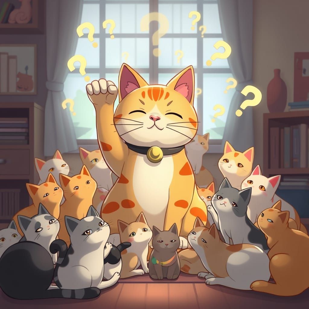 Whimsical Anime Scene of Maneki Neko Surrounded by Curious C...