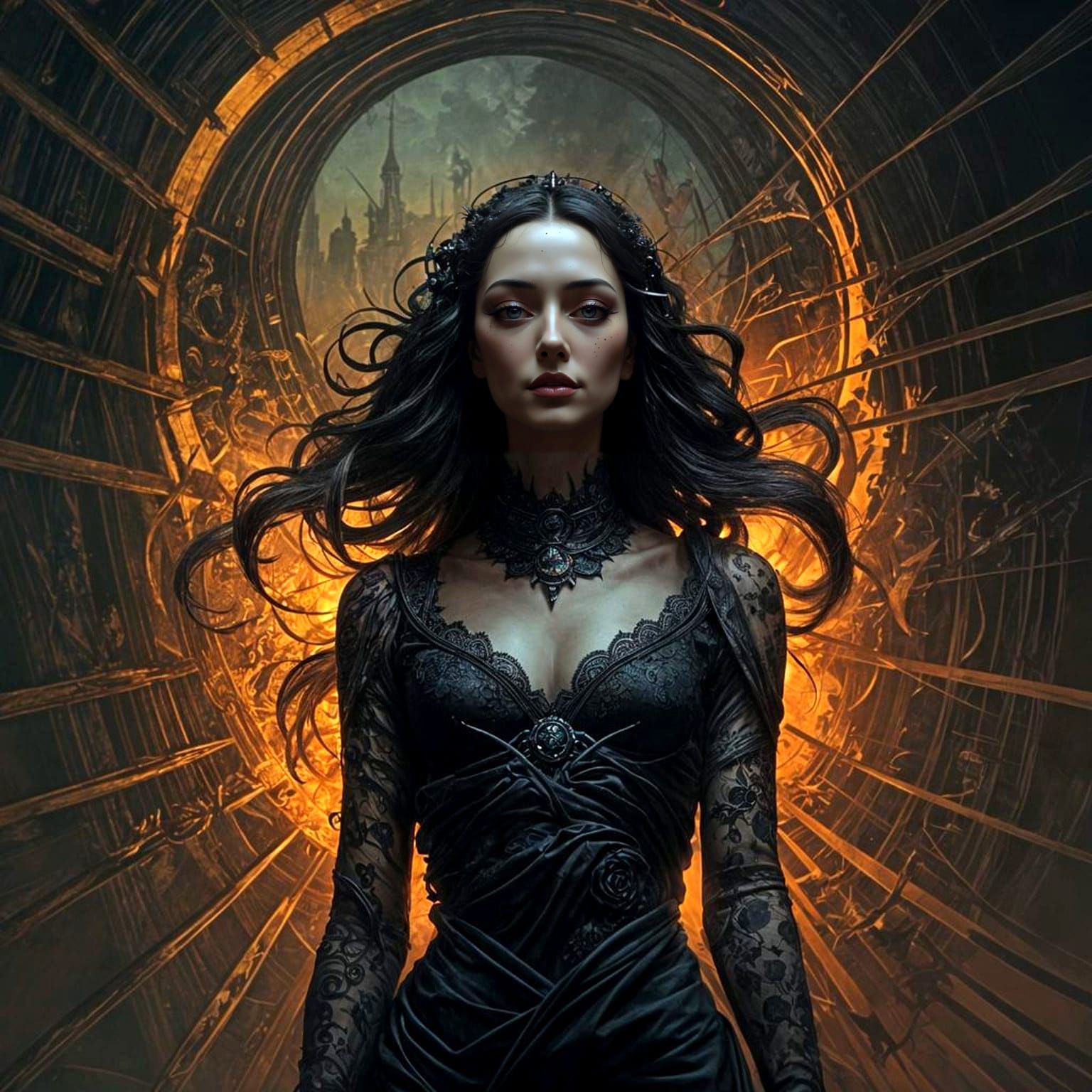 Dark Queen Rules the Night in Surrealist Landscape