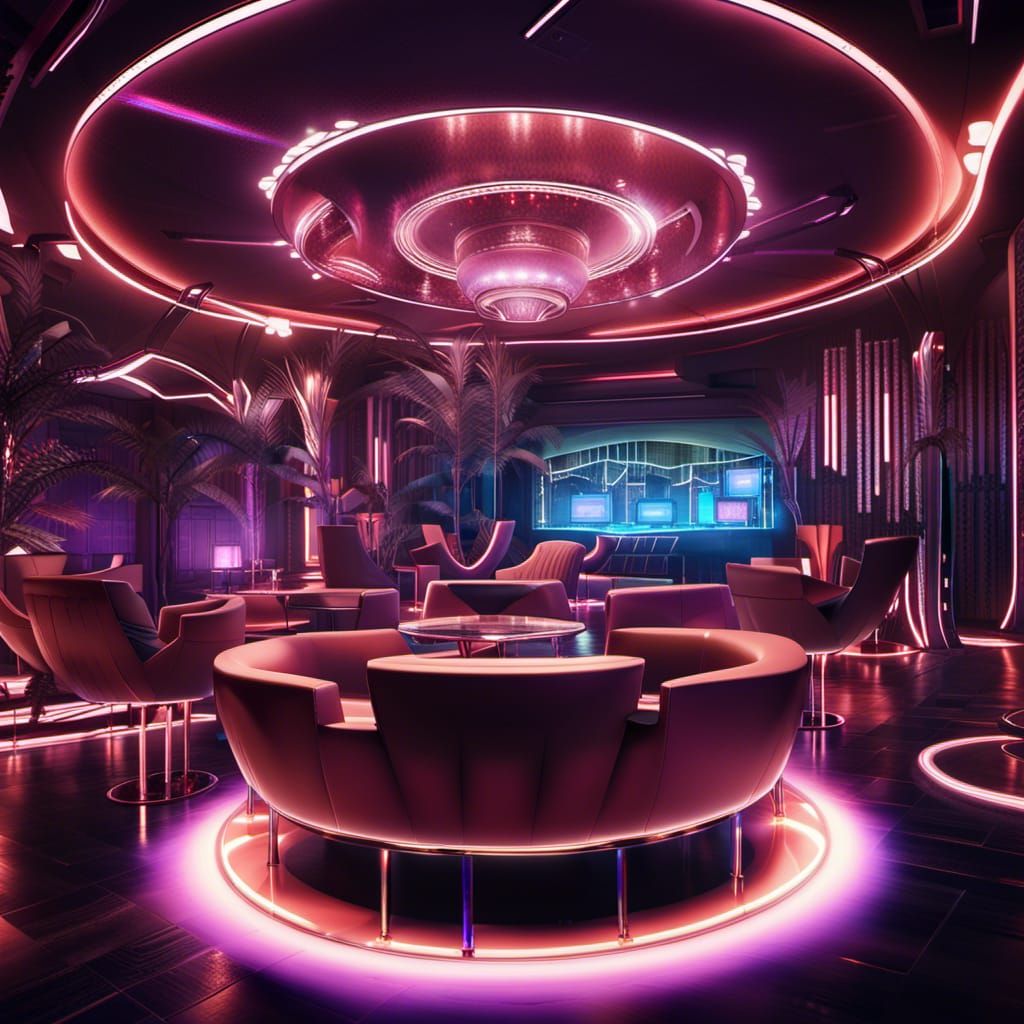 Futuristic Elysium Nightclub Lounge in Hyperrealistic Style