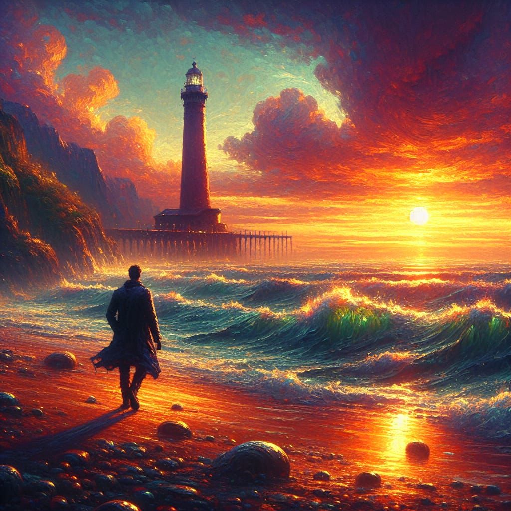 Seaside Stroll: Sunset Matte Painting with Lighthouse