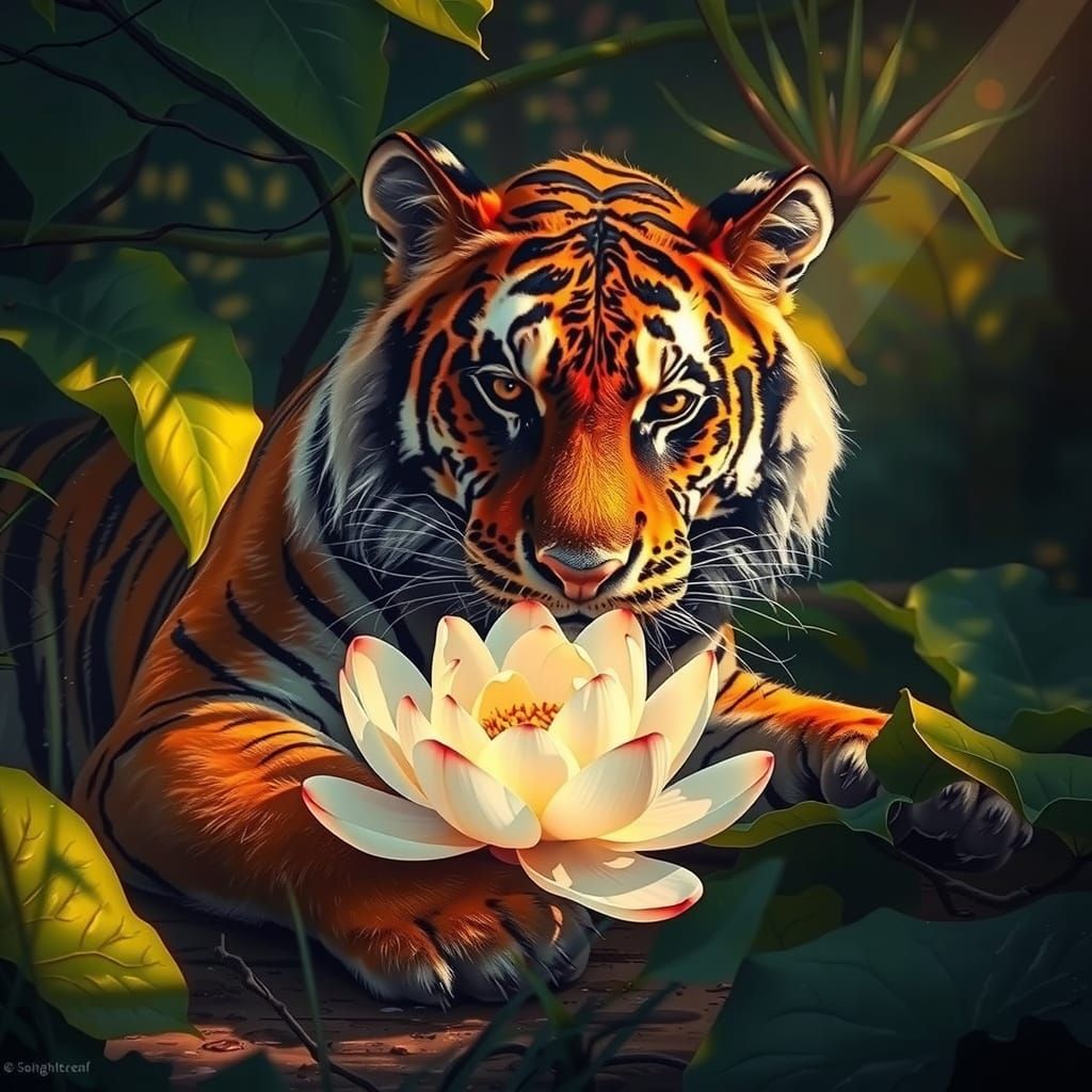 Majestic Tiger Safeguards Lotus in Serene Jungle Scene