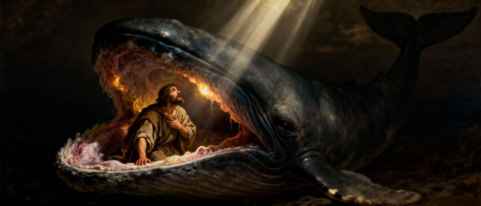 Biblical Man in Leviathan Belly, Painterly Style