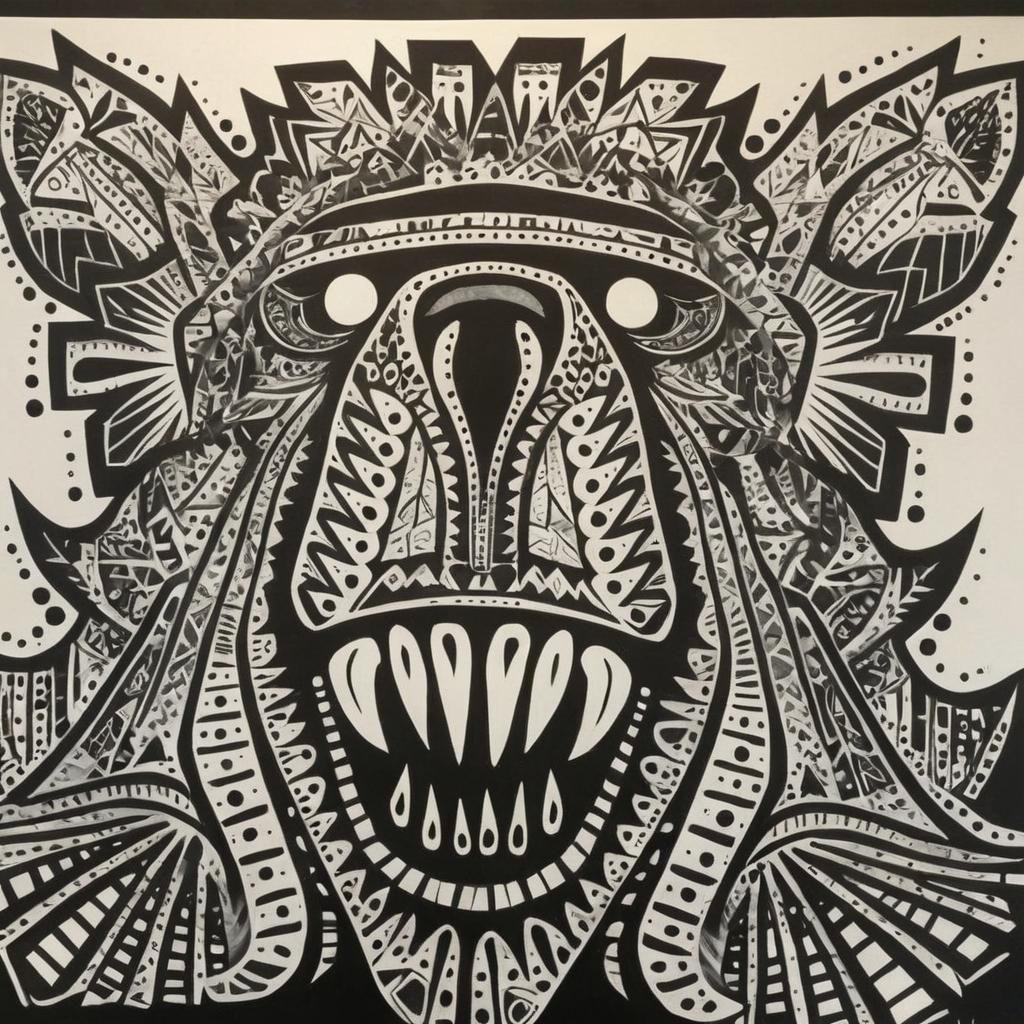 Monochrome Bear Portrait in Geometric Eskimo Art Style