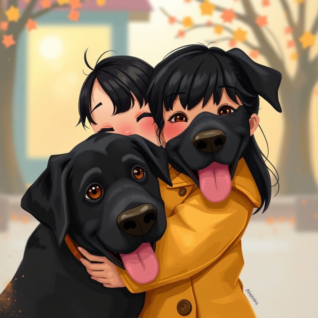 Girl Hugging Labrador in Vibrant Digital Painting