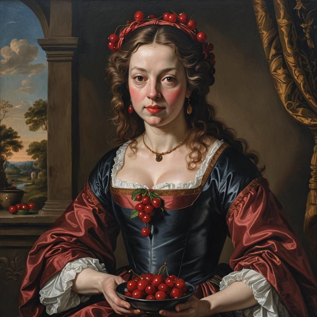 17th Century Beauty with Cherries in Rich Colors