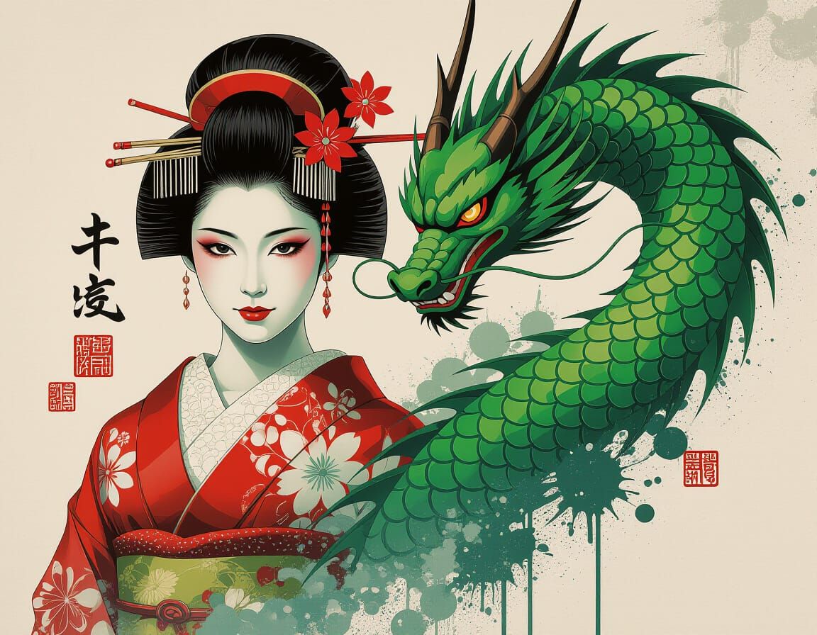 Geisha and Green Dragon Portrait in Splash Art Style