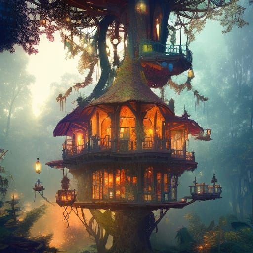Magical Treehouse Mansion with Fairy Lights