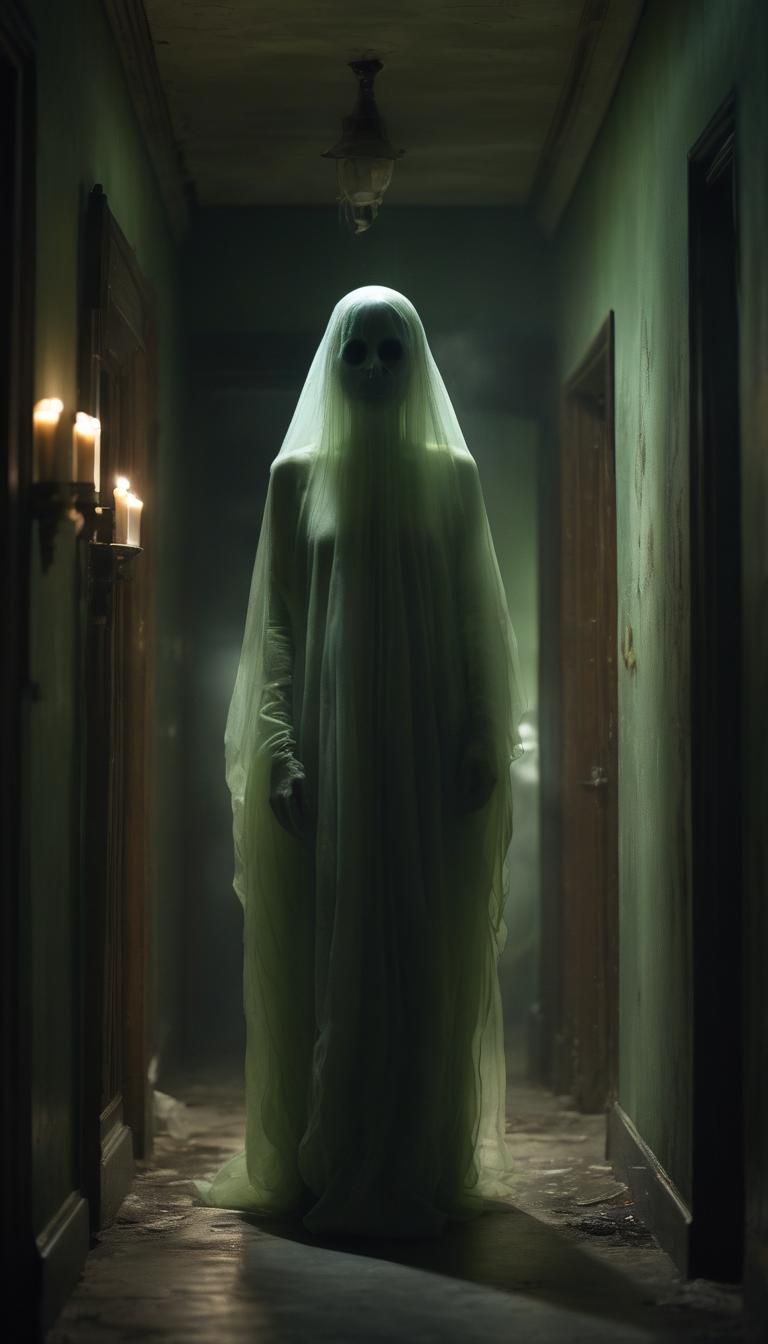 Ethereal Ghost Figure in Abandoned Hallway