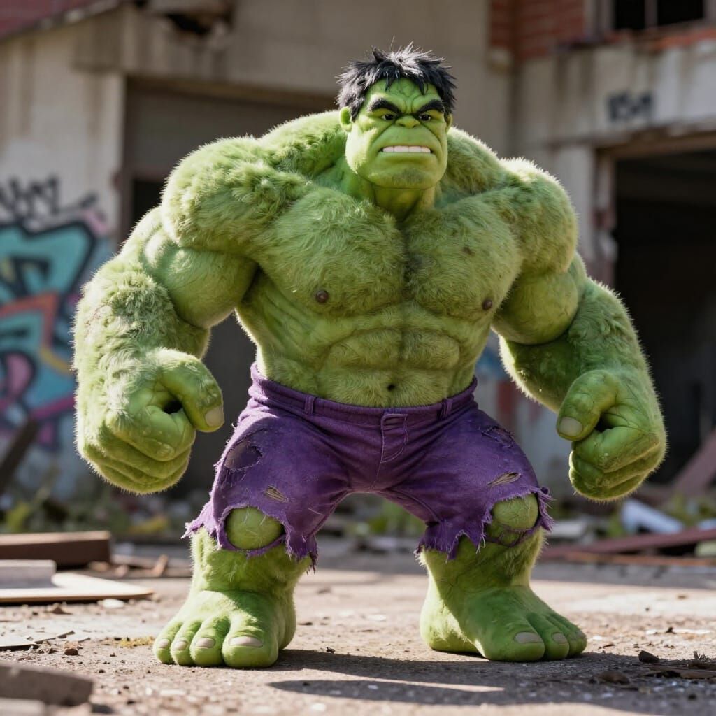 Fluffy Toy Hulk Poses By Abandoned Building