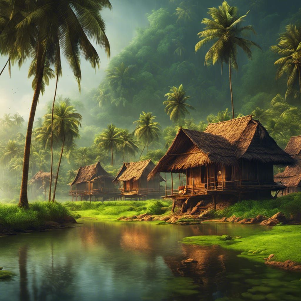 Kerala Village Hut by River: Fantasy Concept Art