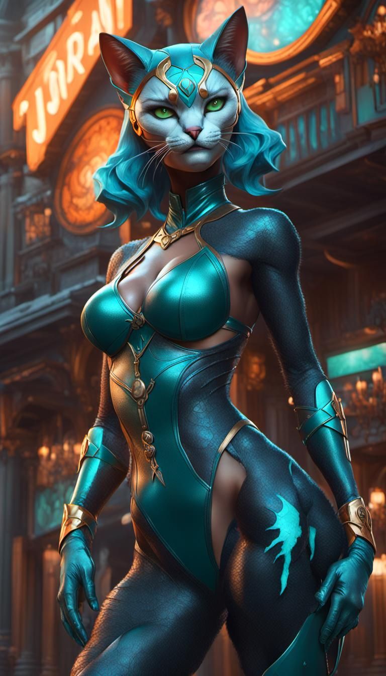 anthropomorphic cat woman with massive body ,8k resolution concept art with furry bikini