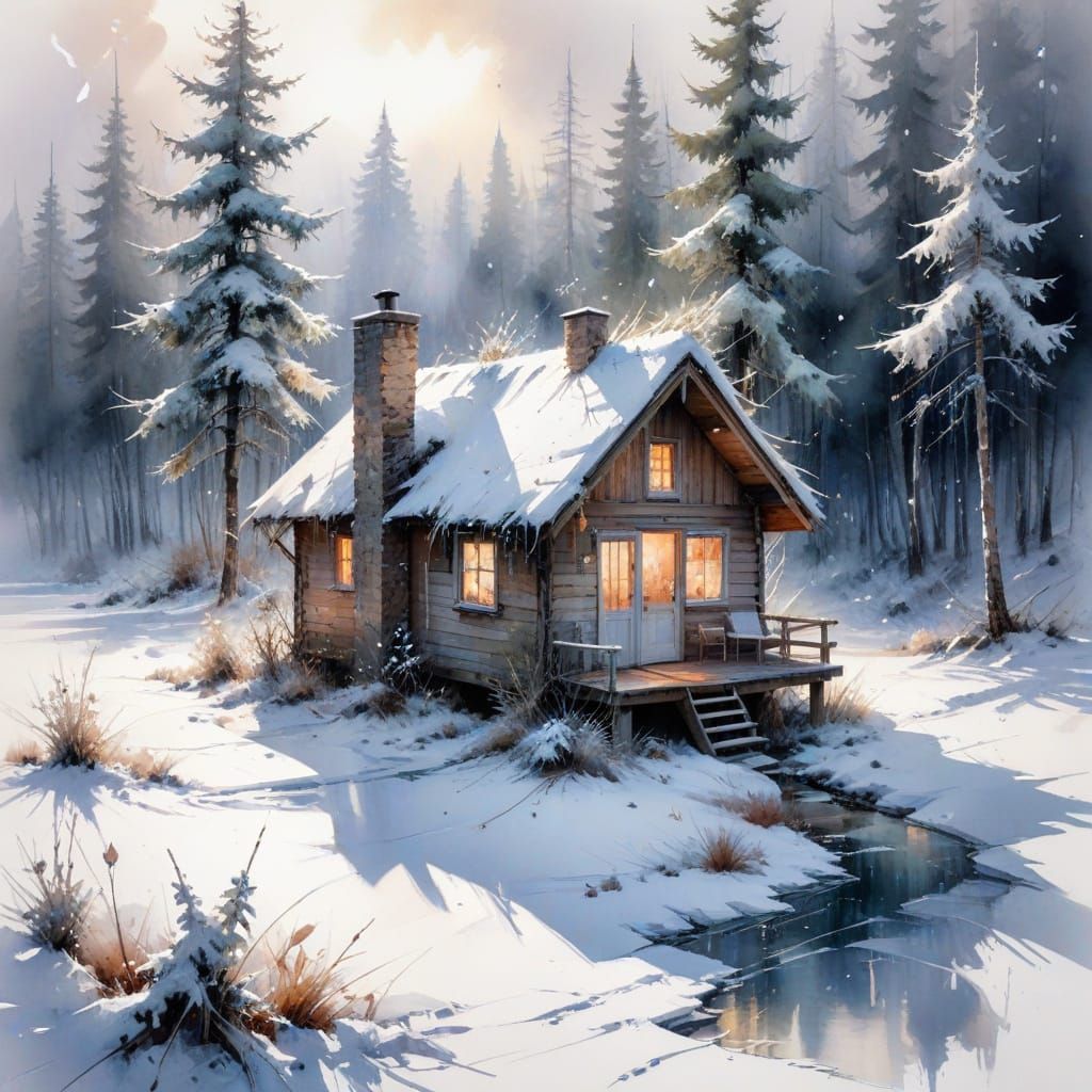 Winter Solitude in Frosty Watercolour Style