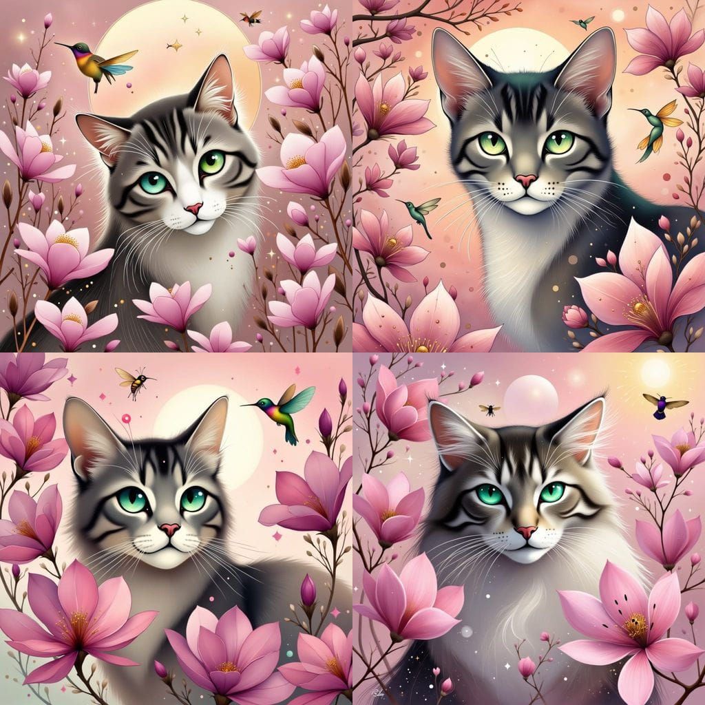 Tabby Cat in Magnolias with Hummingbird