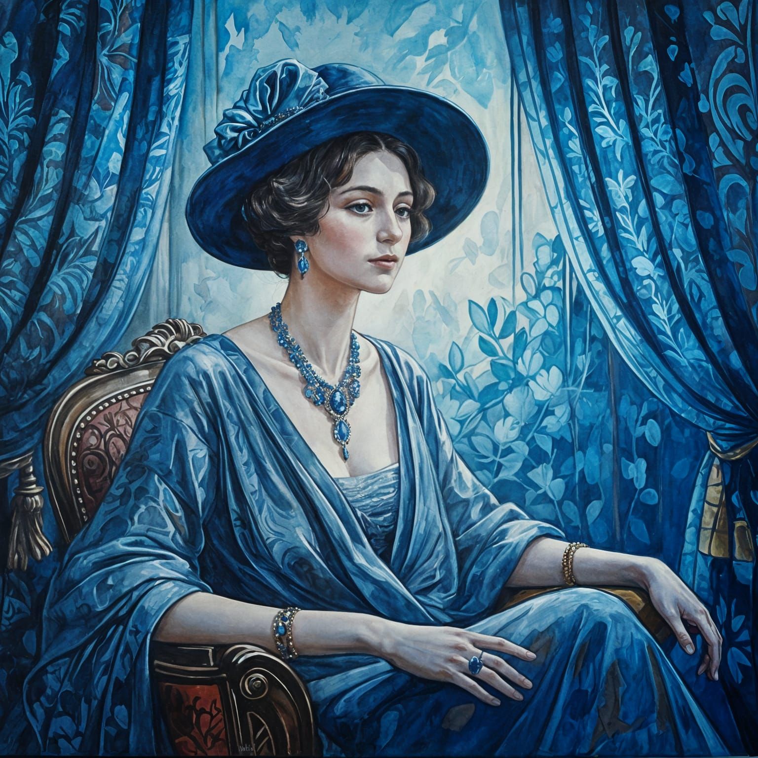 Madame Matisse Portrait in Blue Watercolor Style