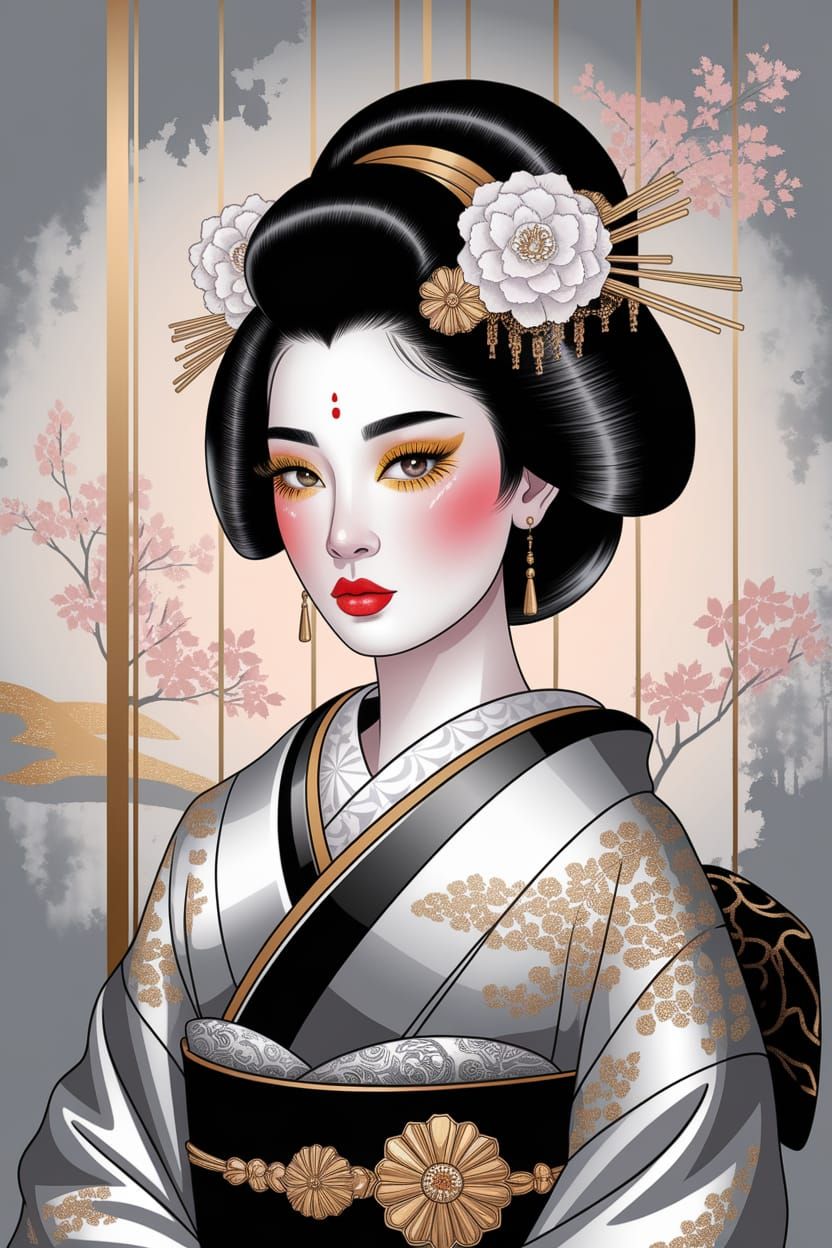 Ukiyo-e Geisha Portrait with Floral Hairpieces