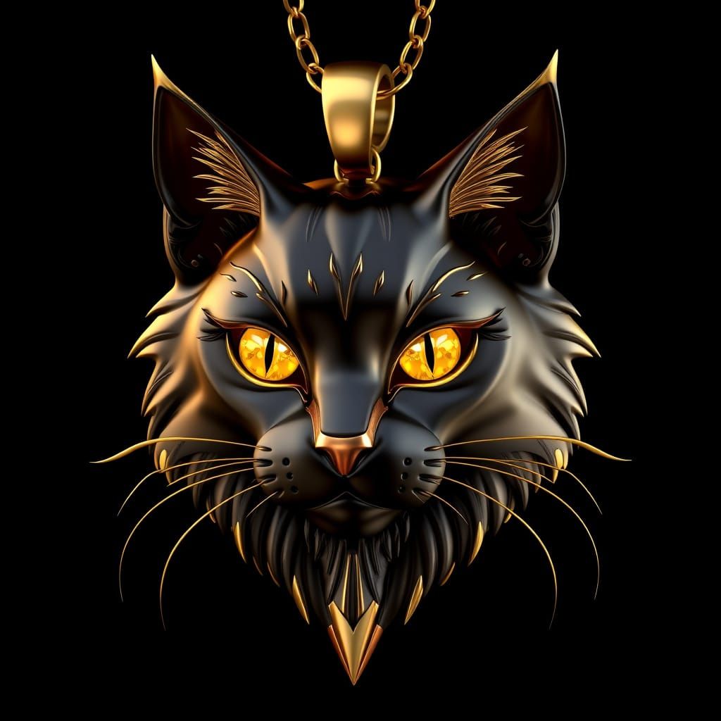 Luxurious Black Cat Pendant in Golden Details