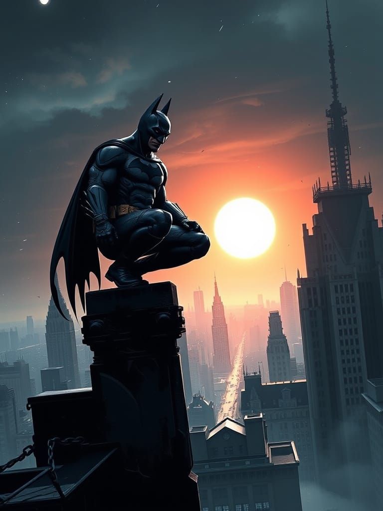 Batman Overlooking Gotham at Sunset
