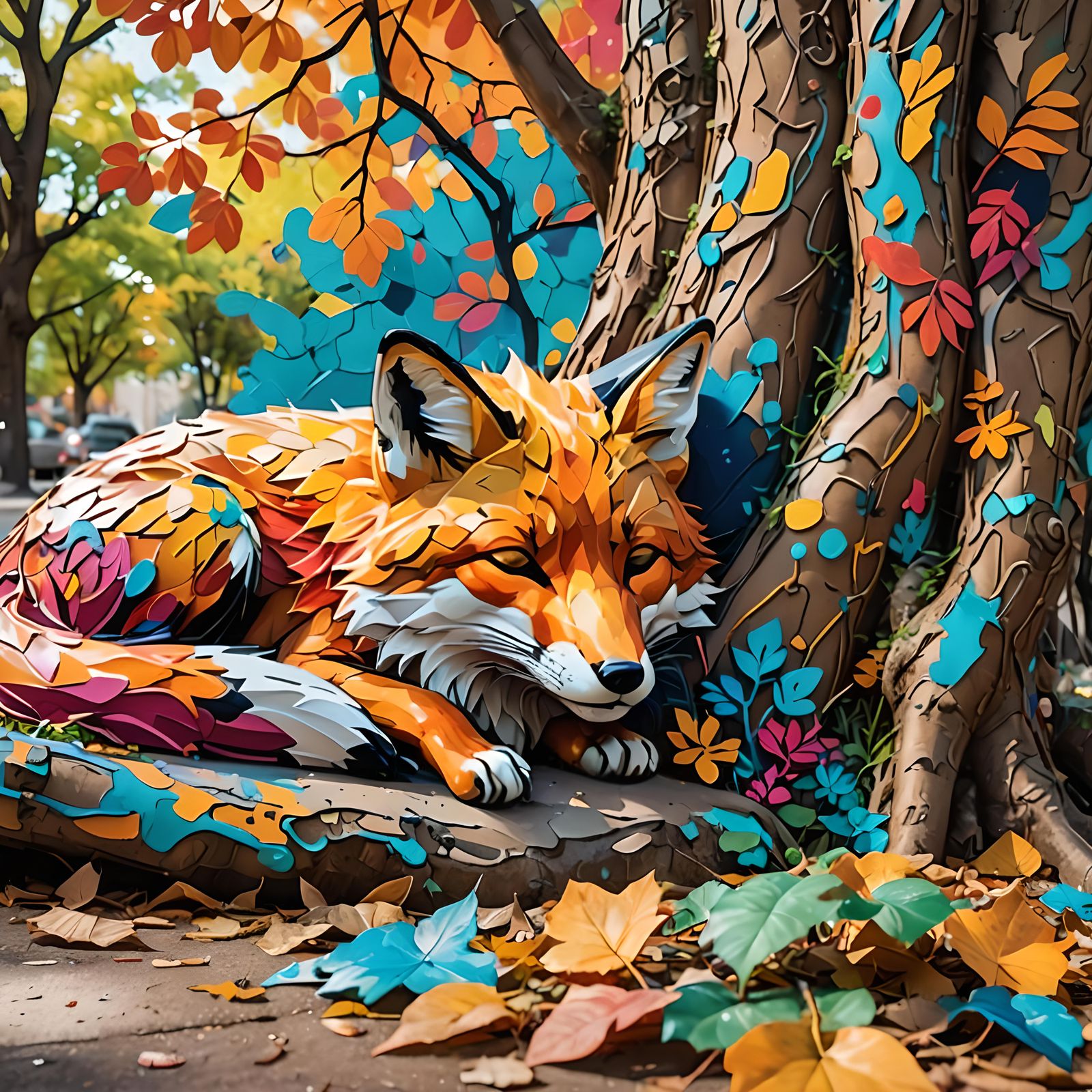 Fox Sleeping Peacefully in Colorful Graffiti Art