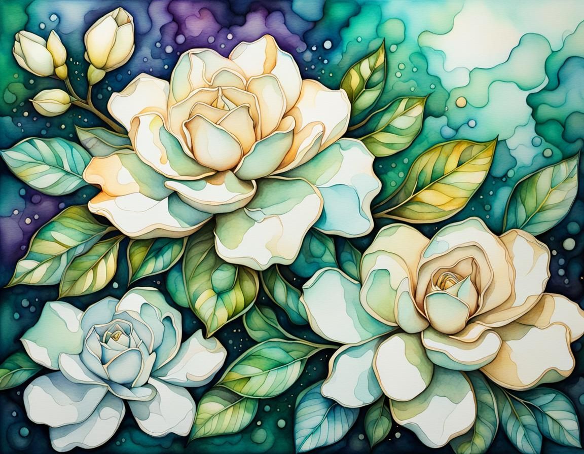 Gardenias in Watercolor and Ink with Dynamic Lighting