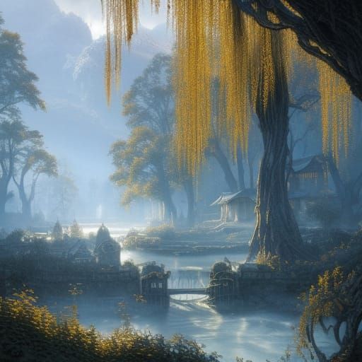 Enchanting Elven Town in Wooded Valley