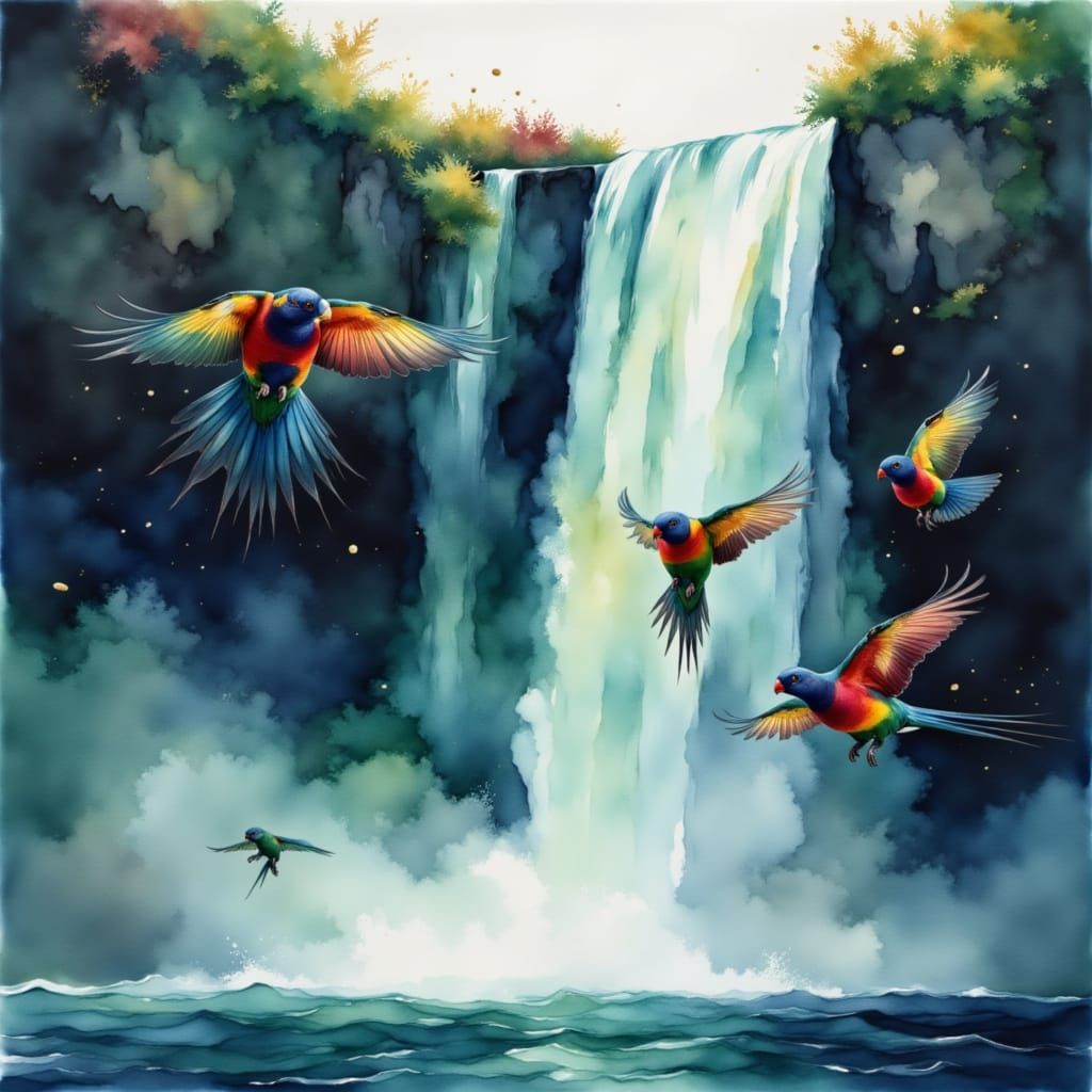Rainbow Lorikeets Flying Near Waterfall in Watercolor Style