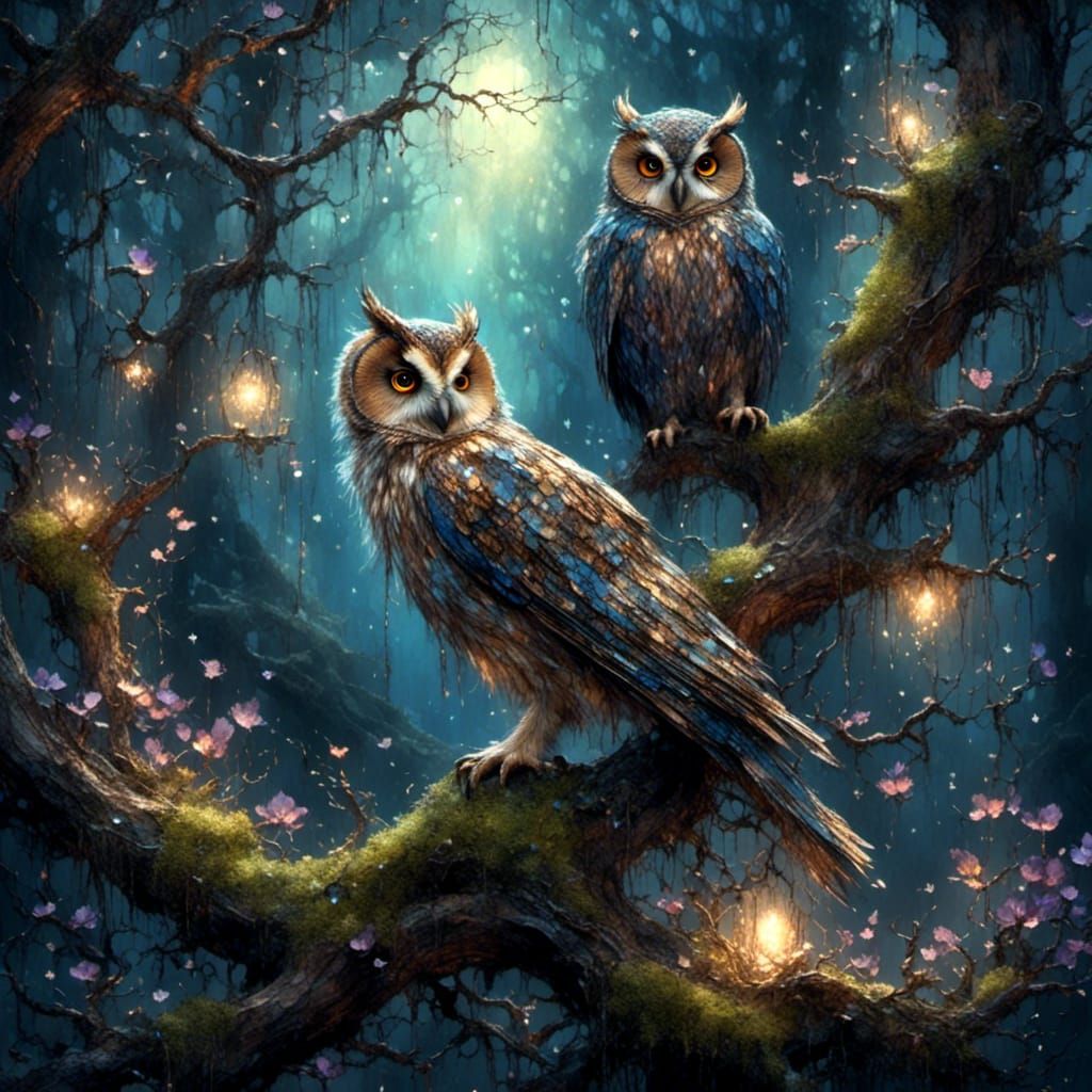Owl Perched on Crystal in Fantasy Landscape